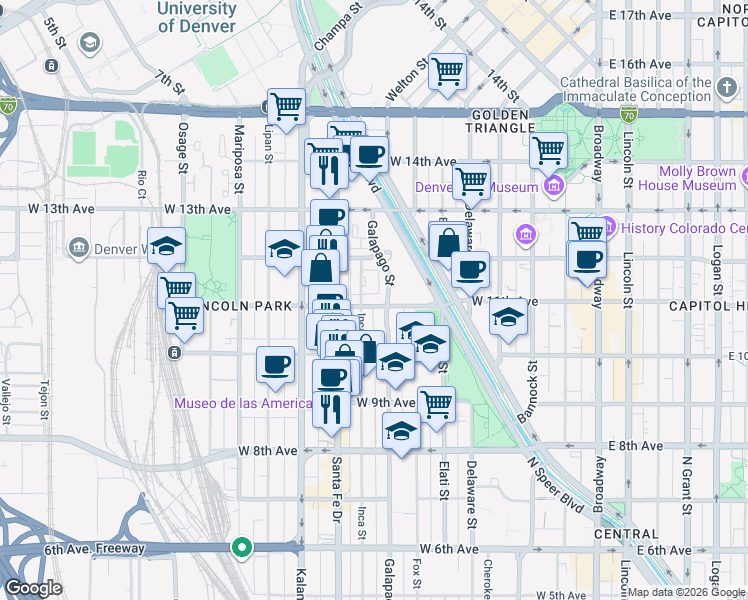 map of restaurants, bars, coffee shops, grocery stores, and more near 700 West 11th Avenue in Denver