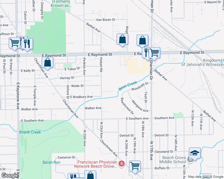 map of restaurants, bars, coffee shops, grocery stores, and more near 5 Rhonda Court in Indianapolis