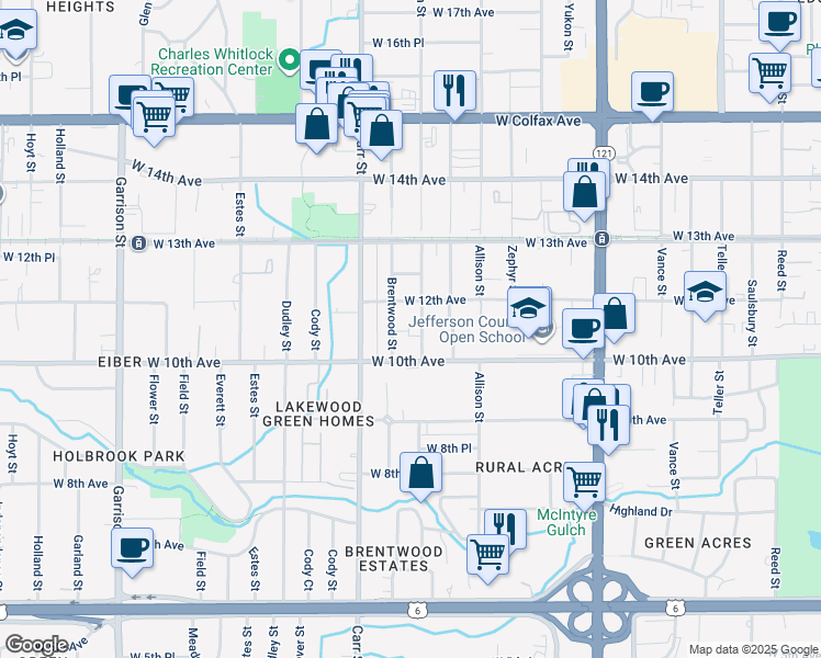 map of restaurants, bars, coffee shops, grocery stores, and more near 1027 Balsam Street in Denver