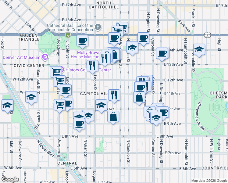 map of restaurants, bars, coffee shops, grocery stores, and more near 611 East 11th Avenue in Denver