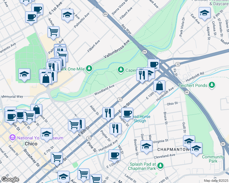 map of restaurants, bars, coffee shops, grocery stores, and more near 1158 East 7th Street in Chico