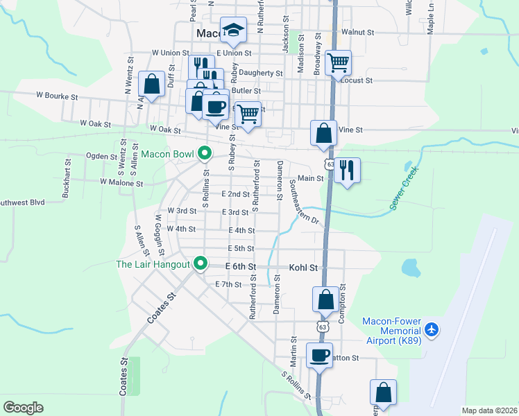 map of restaurants, bars, coffee shops, grocery stores, and more near 210 East 3rd Street in Macon
