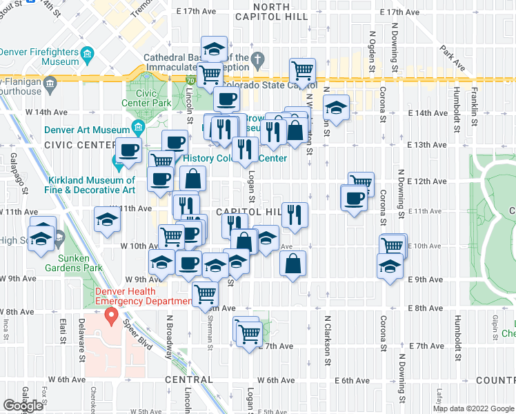 map of restaurants, bars, coffee shops, grocery stores, and more near in Denver