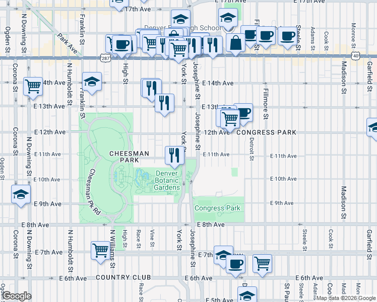 map of restaurants, bars, coffee shops, grocery stores, and more near 2317 East 11th Avenue in Denver
