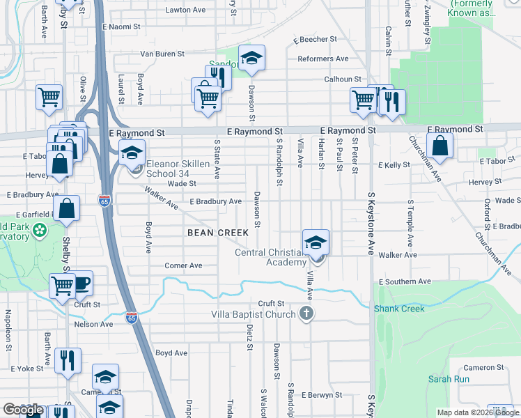 map of restaurants, bars, coffee shops, grocery stores, and more near 2427 Dawson Street in Indianapolis