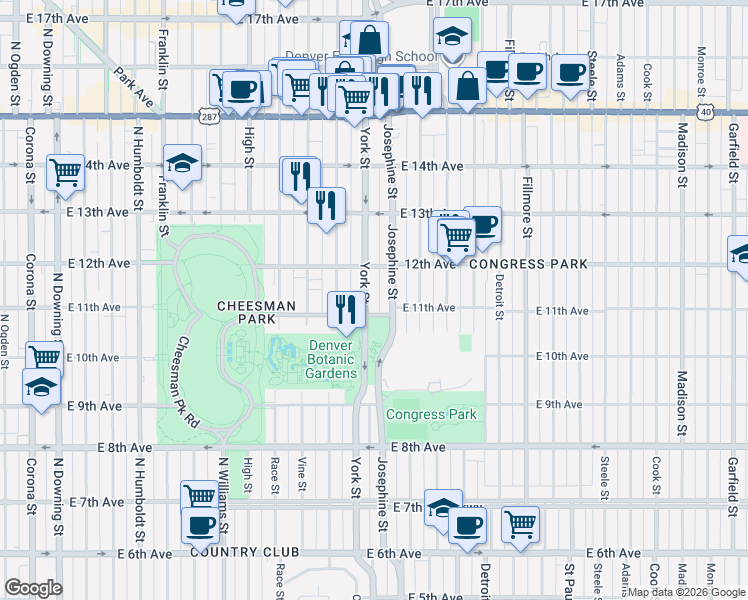 map of restaurants, bars, coffee shops, grocery stores, and more near 1120 York Street in Denver