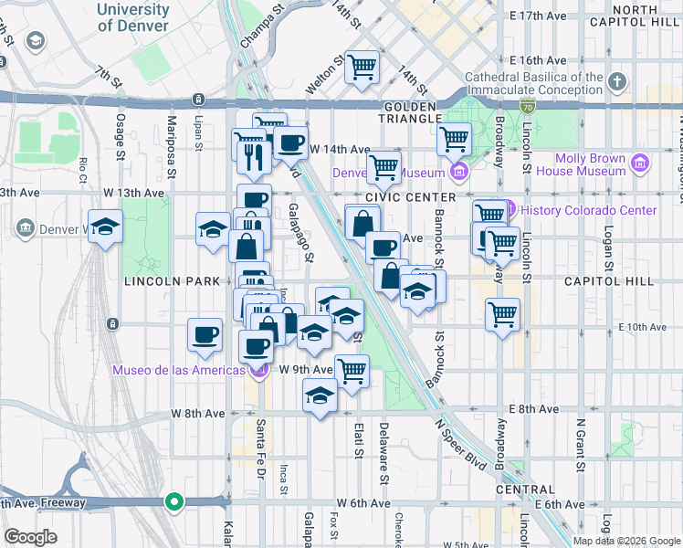 map of restaurants, bars, coffee shops, grocery stores, and more near 601 West 11th Avenue in Denver