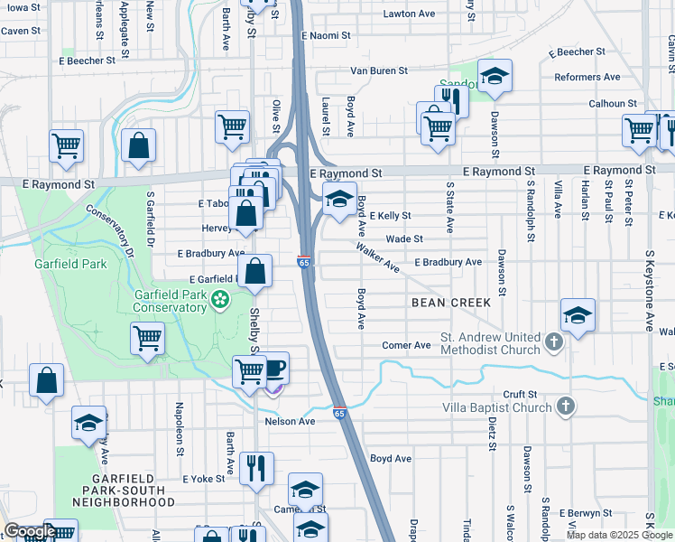 map of restaurants, bars, coffee shops, grocery stores, and more near 1407 East Bradbury Avenue in Indianapolis