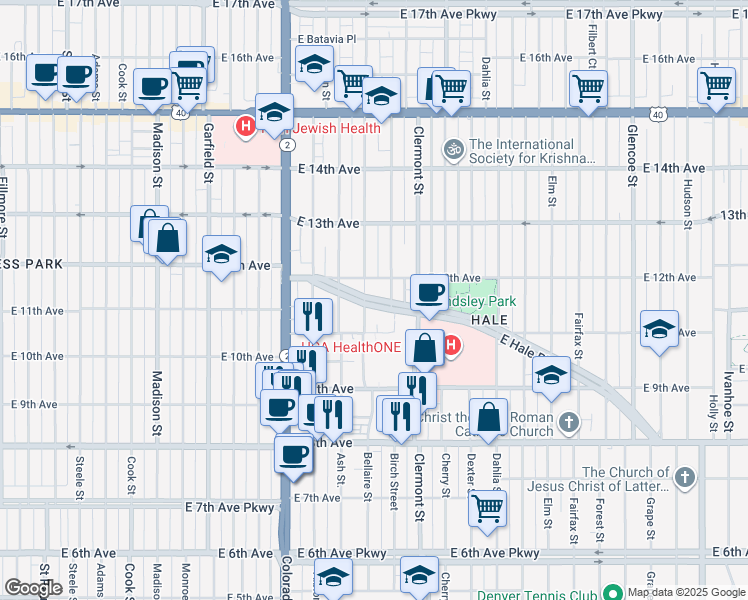map of restaurants, bars, coffee shops, grocery stores, and more near 1055 Clermont Street in Denver