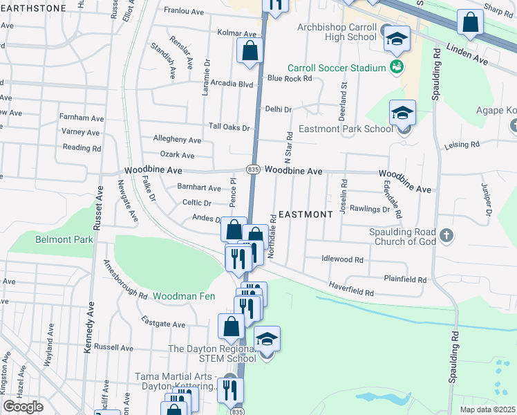 map of restaurants, bars, coffee shops, grocery stores, and more near 1610 Woodman Drive in Dayton