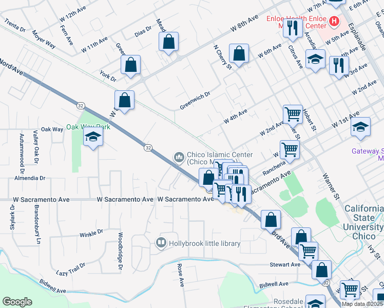 map of restaurants, bars, coffee shops, grocery stores, and more near 1300 Nord Avenue in Chico