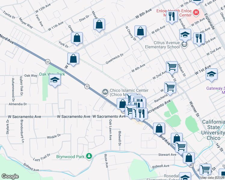 map of restaurants, bars, coffee shops, grocery stores, and more near 1300 Nord Avenue in Chico