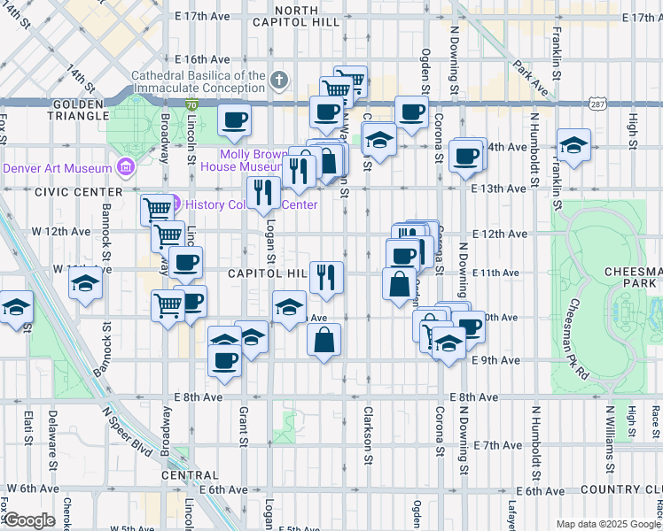 map of restaurants, bars, coffee shops, grocery stores, and more near 1075 North Washington Street in Denver