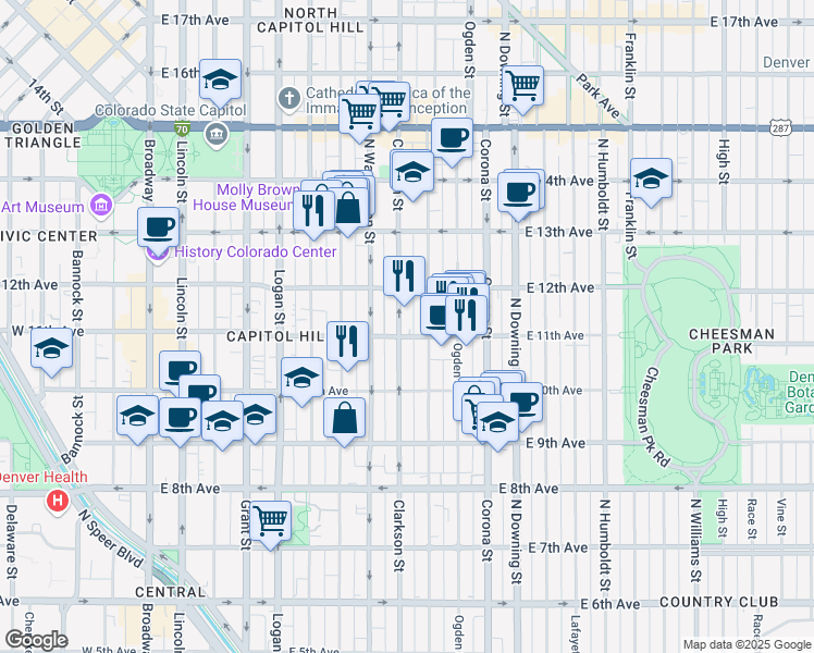 map of restaurants, bars, coffee shops, grocery stores, and more near 1084 North Clarkson street in Denver