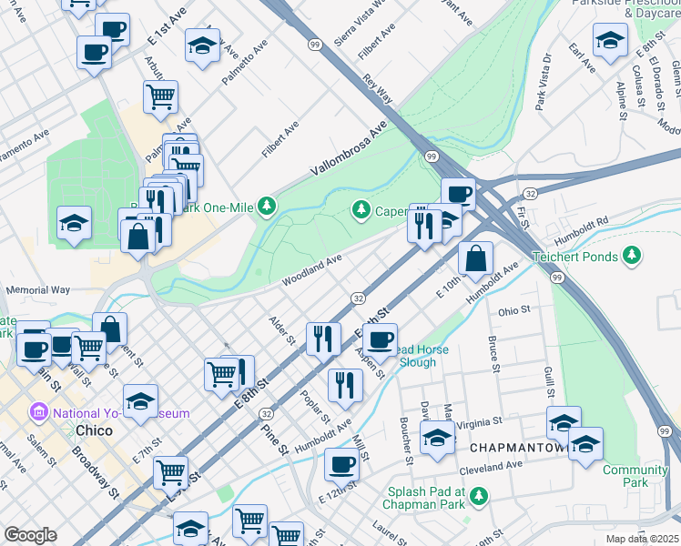 map of restaurants, bars, coffee shops, grocery stores, and more near 1158 East 7th Street in Chico