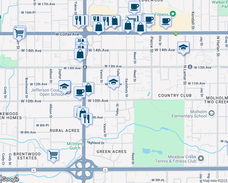 map of restaurants, bars, coffee shops, grocery stores, and more near 1020 Upham Street in Denver