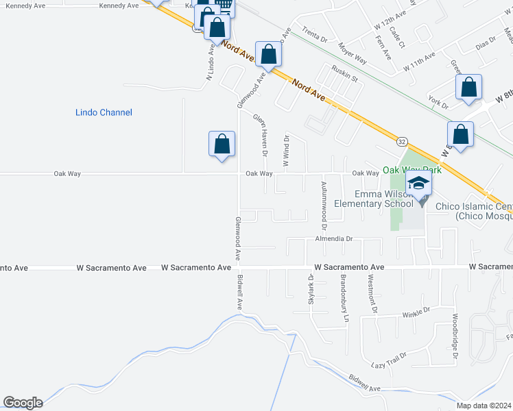 map of restaurants, bars, coffee shops, grocery stores, and more near 1932 Wisteria Lane in Chico