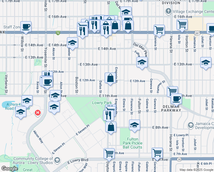 map of restaurants, bars, coffee shops, grocery stores, and more near 1133 Dayton Street in Aurora