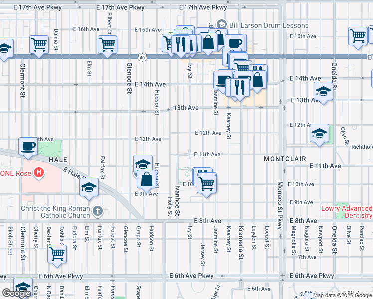 map of restaurants, bars, coffee shops, grocery stores, and more near 1090 Ivy Street in Denver