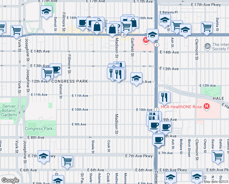 map of restaurants, bars, coffee shops, grocery stores, and more near 3500 East 11th Avenue in Denver