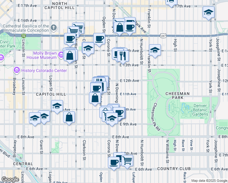 map of restaurants, bars, coffee shops, grocery stores, and more near 1081 North Downing Street in Denver