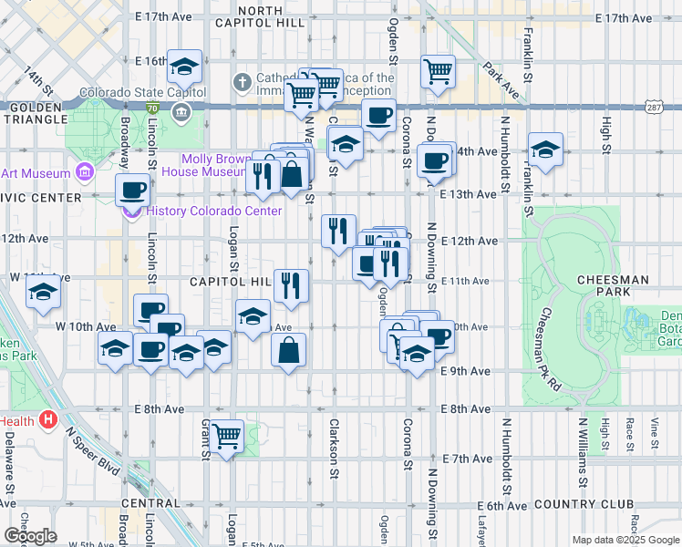 map of restaurants, bars, coffee shops, grocery stores, and more near in Denver