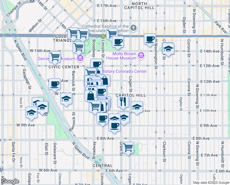 map of restaurants, bars, coffee shops, grocery stores, and more near 1075 Sherman Street in Denver