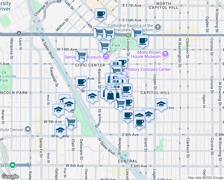 map of restaurants, bars, coffee shops, grocery stores, and more near 1085 North Broadway in Denver