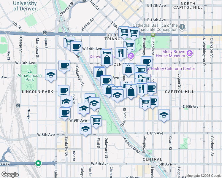 map of restaurants, bars, coffee shops, grocery stores, and more near 1062 Delaware Street in Denver