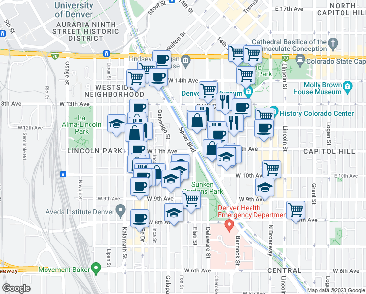 map of restaurants, bars, coffee shops, grocery stores, and more near 611 West 11th Avenue in Denver
