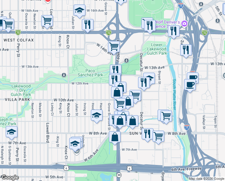 map of restaurants, bars, coffee shops, grocery stores, and more near 816 South Umatilla Way in Denver