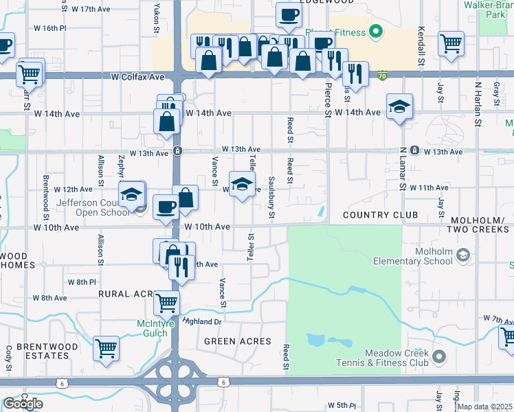 map of restaurants, bars, coffee shops, grocery stores, and more near 7171 West 10th Avenue in Lakewood