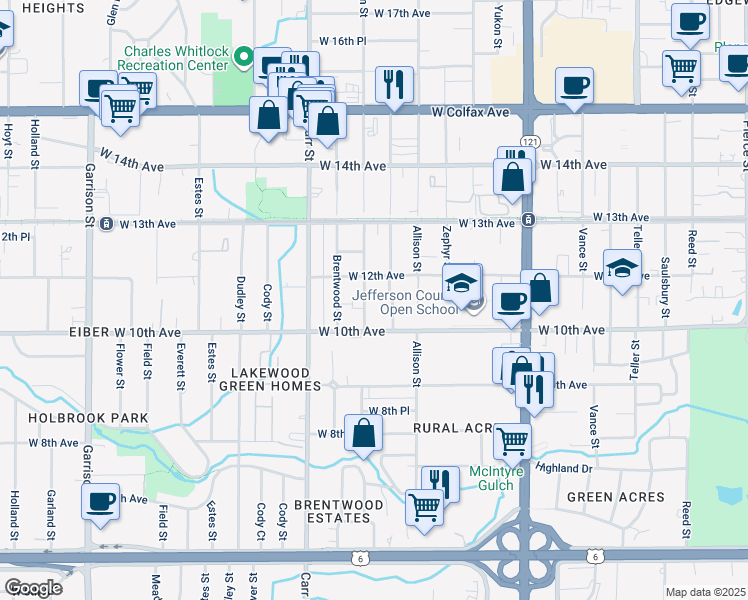 map of restaurants, bars, coffee shops, grocery stores, and more near 1027 Balsam Street in Denver