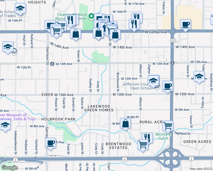 map of restaurants, bars, coffee shops, grocery stores, and more near in Lakewood