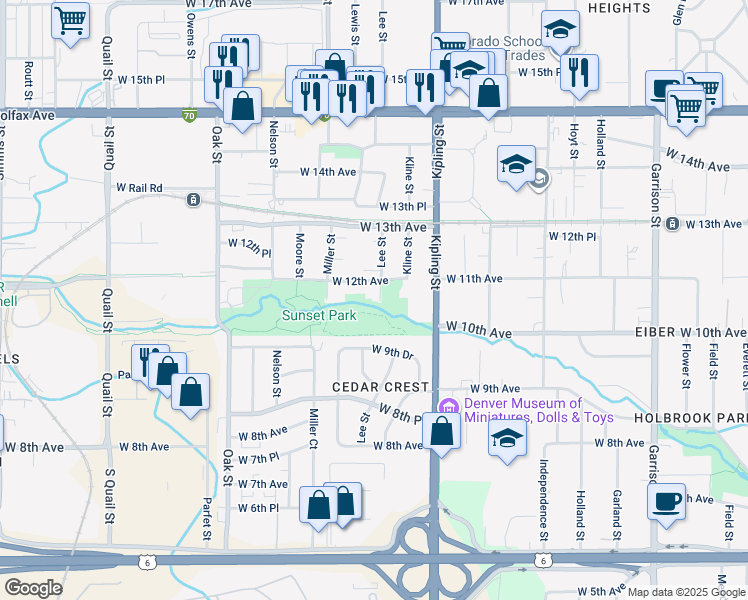 map of restaurants, bars, coffee shops, grocery stores, and more near 1089 Lee Street in Lakewood