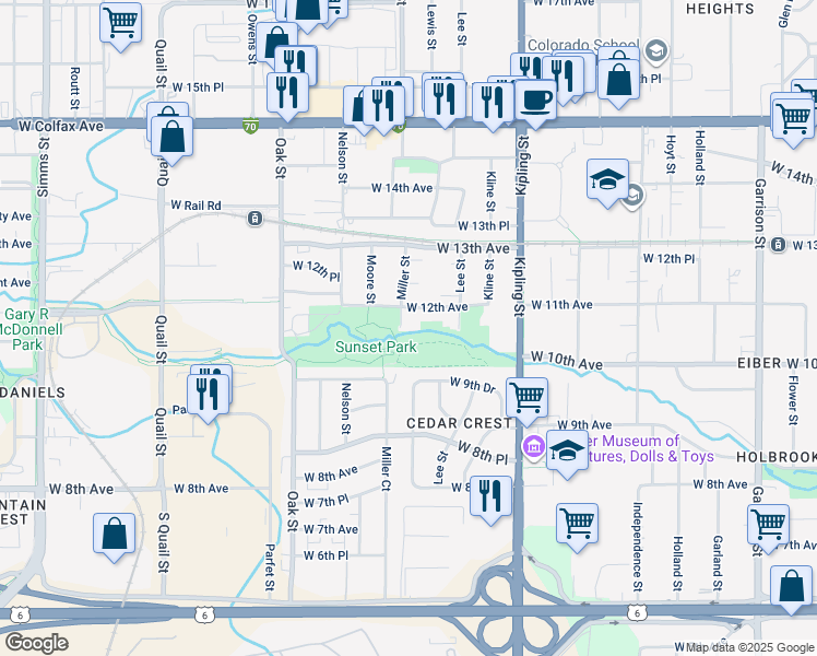 map of restaurants, bars, coffee shops, grocery stores, and more near 10281 West 9th Drive in Lakewood