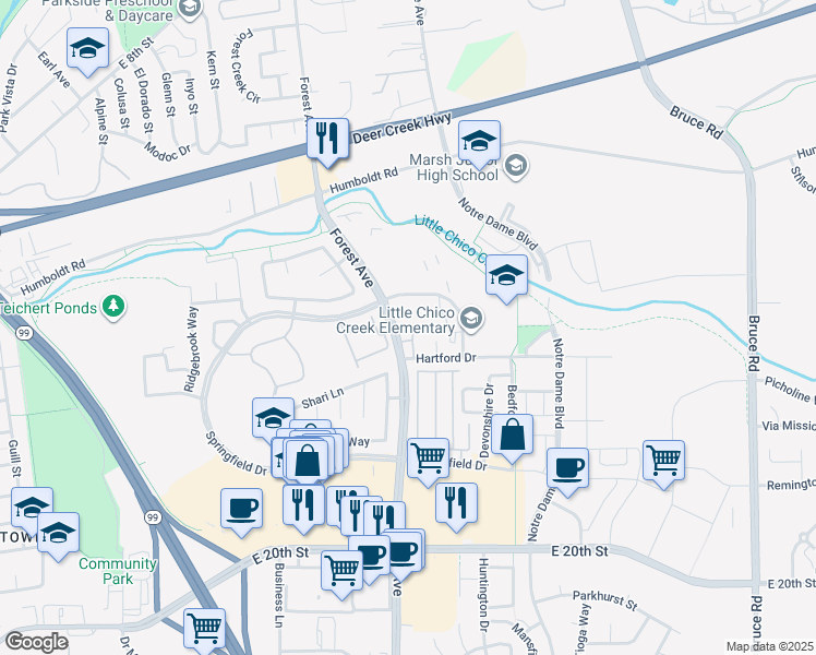 map of restaurants, bars, coffee shops, grocery stores, and more near 27 Forest Avenue in Chico