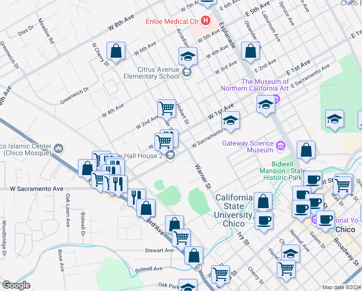 map of restaurants, bars, coffee shops, grocery stores, and more near 611 West Sacramento Avenue in Chico