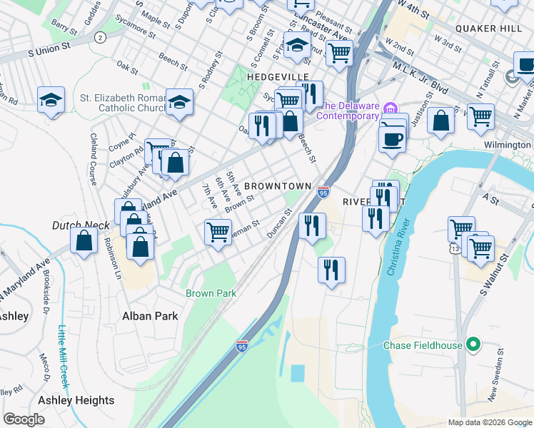 map of restaurants, bars, coffee shops, grocery stores, and more near 933 Duncan Street in Wilmington