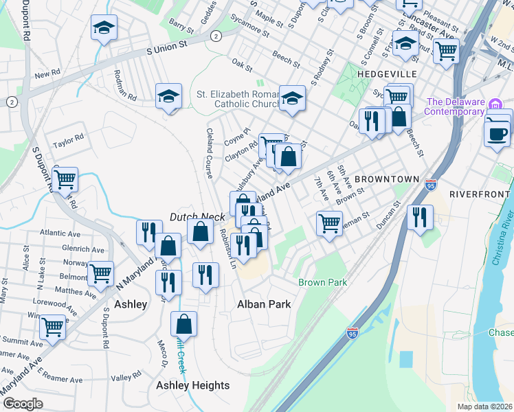 map of restaurants, bars, coffee shops, grocery stores, and more near 9 Yale Road in Wilmington