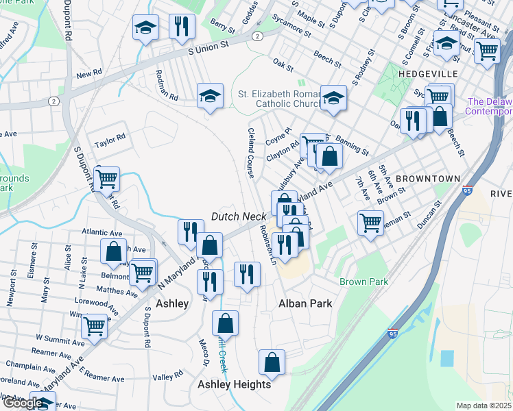 map of restaurants, bars, coffee shops, grocery stores, and more near 1564 Clayton Road in Wilmington