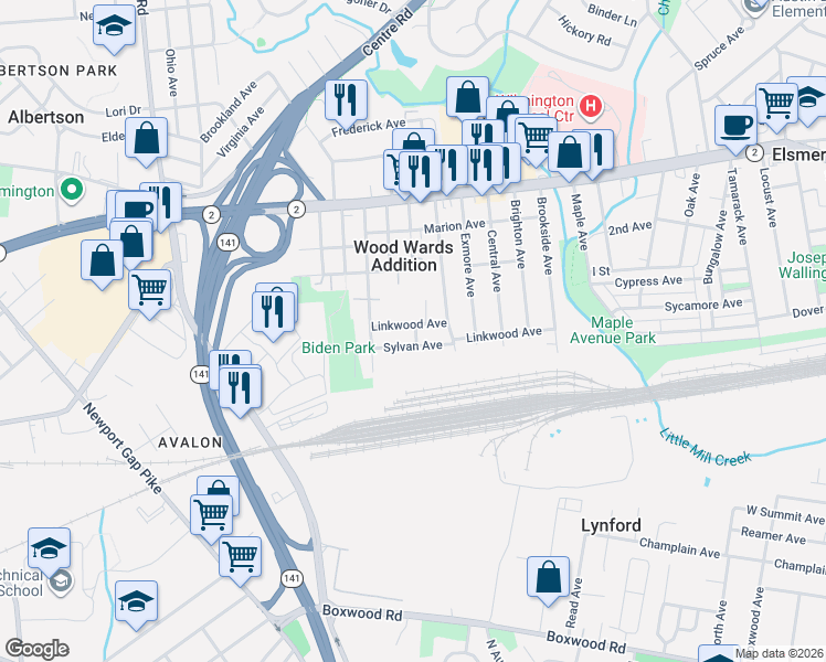 map of restaurants, bars, coffee shops, grocery stores, and more near 2604 Sylvan Avenue in Wilmington