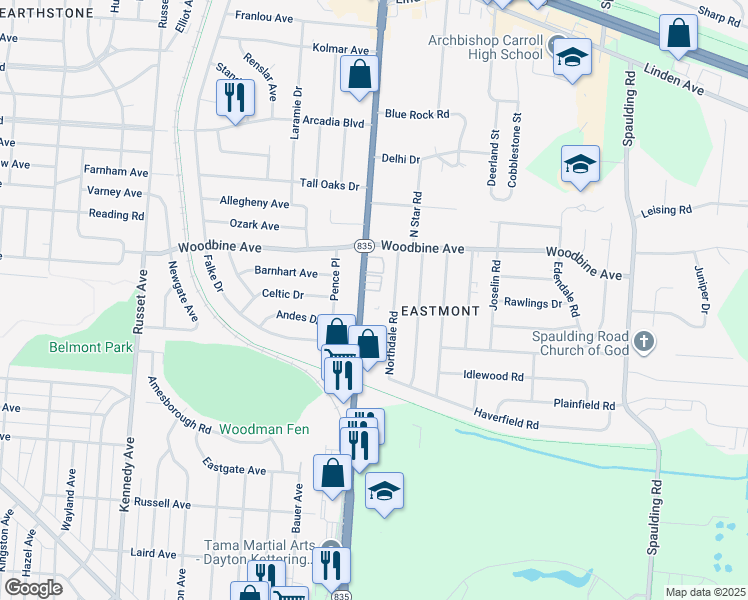 map of restaurants, bars, coffee shops, grocery stores, and more near 1624 Woodman Drive in Dayton