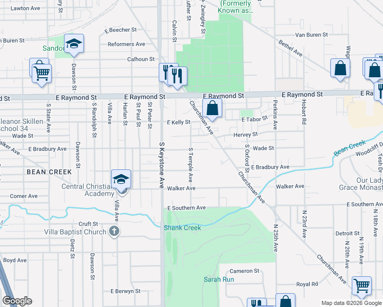 map of restaurants, bars, coffee shops, grocery stores, and more near 2425 South Temple Avenue in Indianapolis