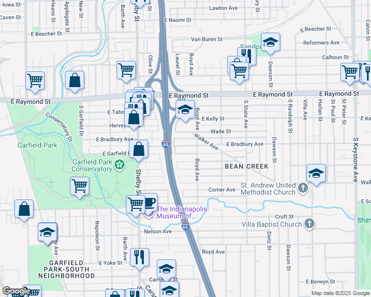 map of restaurants, bars, coffee shops, grocery stores, and more near 1406 Finley Avenue in Indianapolis