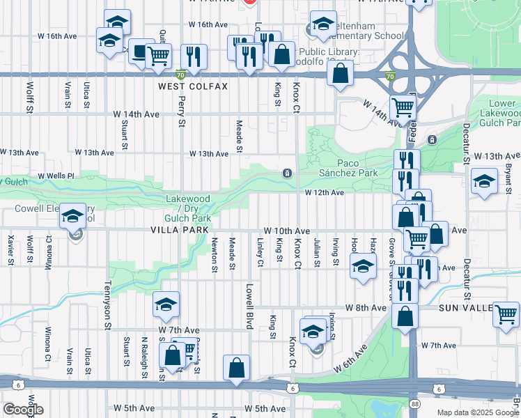 map of restaurants, bars, coffee shops, grocery stores, and more near 1052 Lowell Boulevard in Denver