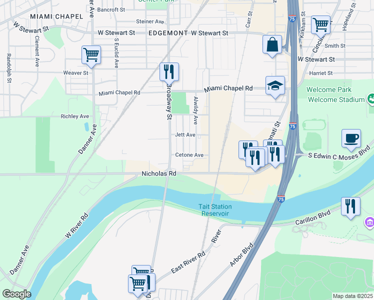 map of restaurants, bars, coffee shops, grocery stores, and more near 1645 Dietzen Avenue in Dayton