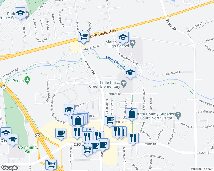 map of restaurants, bars, coffee shops, grocery stores, and more near 2055 Amanda Way in Chico