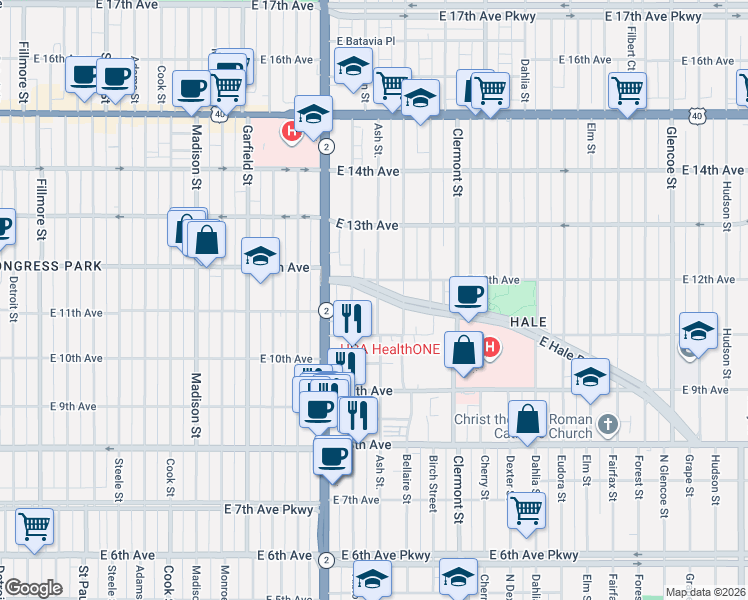map of restaurants, bars, coffee shops, grocery stores, and more near 1170 Ash Street in Denver