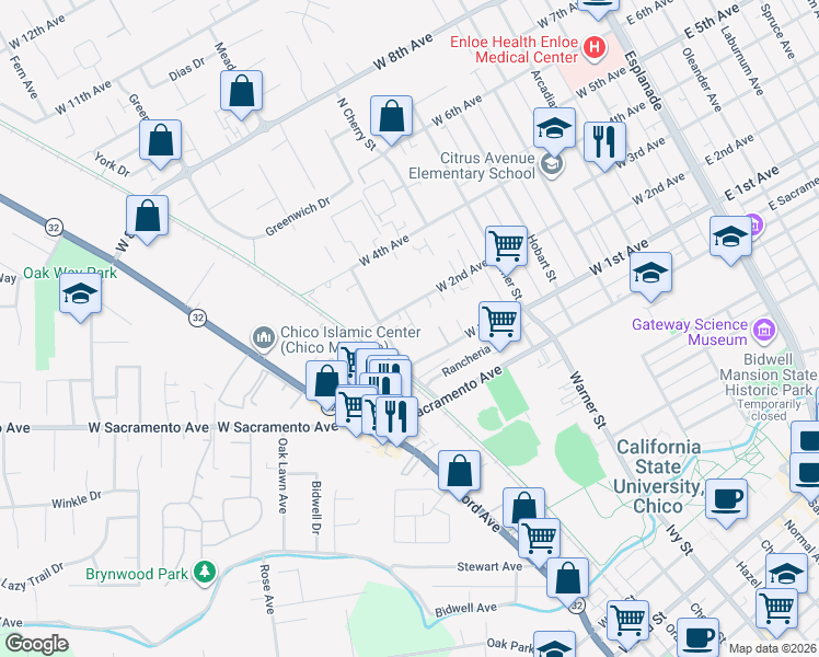 map of restaurants, bars, coffee shops, grocery stores, and more near 811 West 2nd Avenue in Chico